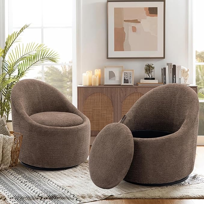COLAMY Swivel Accent Chair 360° Swivel Chair with Hidden Storage Modern Small Barrel Swivel Armchair for Living Room/Bedroom Brown