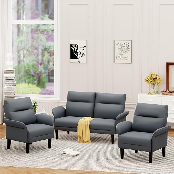 Yongchuang 3 Piece Sofa Sets for Living Room Brown Faux Leather Loveseat Sofa Couch and Accent Chairs Set of 2 Modern Small Couch and Armchair Set Grey
