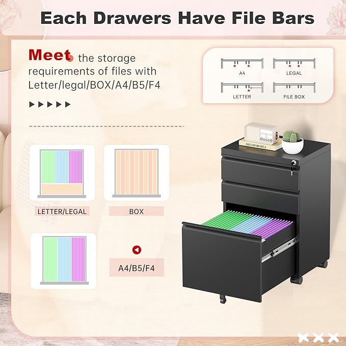 Superday Black File Cabinet 3 Drawer Fully Assemble Metal Rolling Vertical Filing Cabinet with Wheels Small Under Desk File Cabinets for Home Office