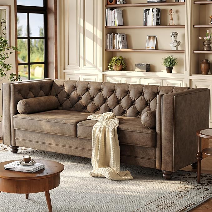 ONBRILL 79'' Faux Leather Couch for Living Room Comfy Chesterfield Button-Tufted Sofa with 2 Bolster Pillows and Wood Legs Mid-Century Modern Deep Seat Couch for Apartment Office Brown