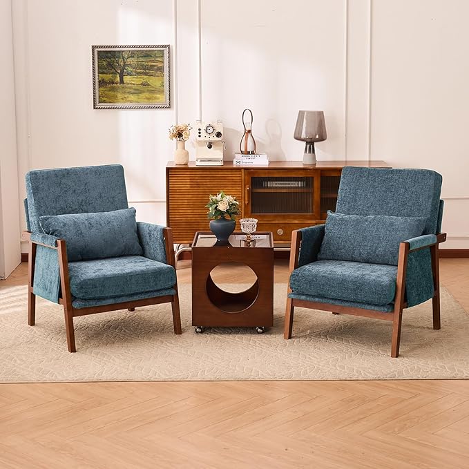 Accent Chairs Set of 2 Mid-Century Modern with Lumbar Support Pillow Upholstered Living Room Chairs with Wooden Chenille Armchair with Cushion Anthropologie Side Chair for Bedroom Navy
