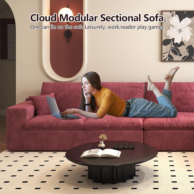 136.6'' L-Shaped Modern Modular Sectional Cloud Couch 4-Seat Chenille Deep-Seat Sofa with Pillow for Living Room Bedroom Apartment Wine Red