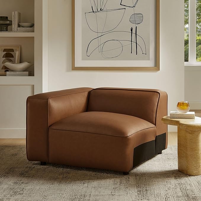 Modway Auren Vegan Leather Left Modular Armchair in Coffee - Faux Leather Left Arm Facing Sectional Chair - Mid Century Modern Single Sofa Chair - Living Room Oversized PU Leather Chair