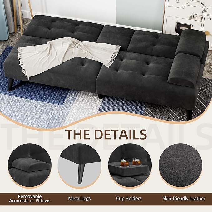 Shintenchi Futon Sofa Bed Velvet Foldable Couch Reclining Sleeper with Removable Armrests Upholstered Loveseat Sofa Couch with Folding Cup Holders for Home Office(Black)