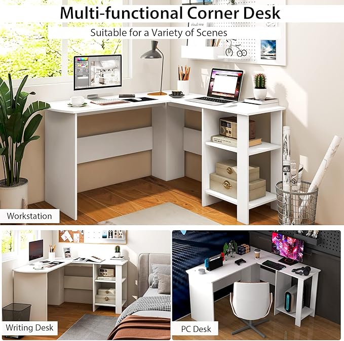 Tangkula White L Shaped Desk with Storage Shelves Wooden Corner Computer Desk Space-Saving Home Office Workstation Gaming Desk Writing Study Desk L Shaped Office Desk