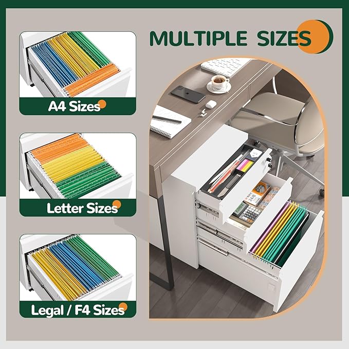 3 Drawer File Cabinet with Lock Metal Mobile Filing Cabinet on Wheels Under Desk Storage Cabinet for Home Office Deep Drawers for Letter/Legal/A4 Files with Anti-Tip Design (White)