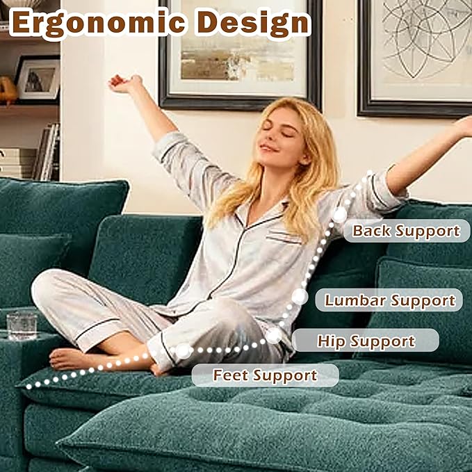 130 U-Shaped Modular Sectional Sofa Oversized Cloud Couches with Storage Console &amp Cup Holders Linen Sofa with Chaise/Pillows 6-Seater Deep Seat Couches for Living Room (Green) | Breathable ma