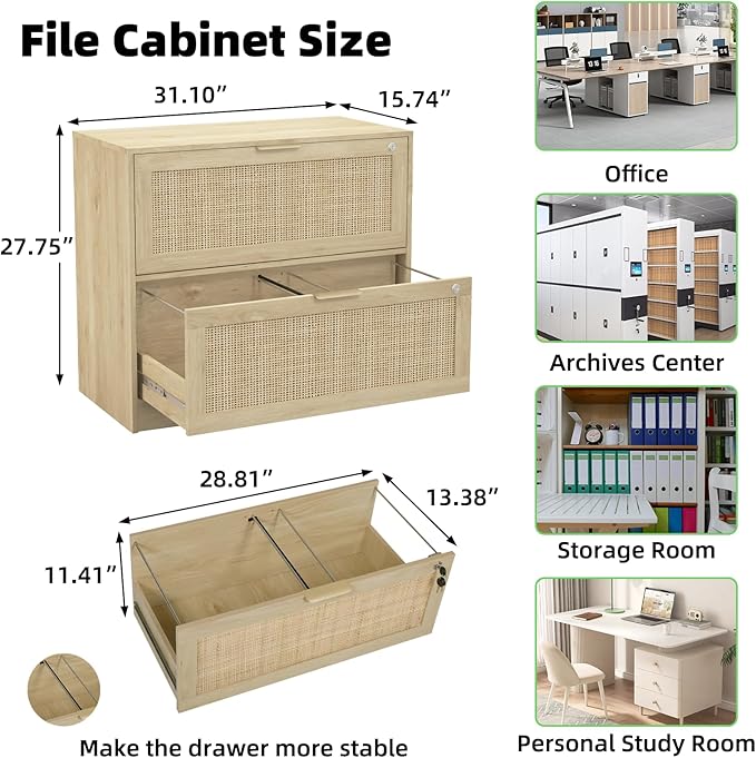 HOPUBUY 2 Drawer File Cabinet with Lock Printer Stand Lateral Filing Cabinets for Home Office and School Wood Rattan File Cabinet for Hanging Files/Letter/Legal/A4/F4 Size Oak