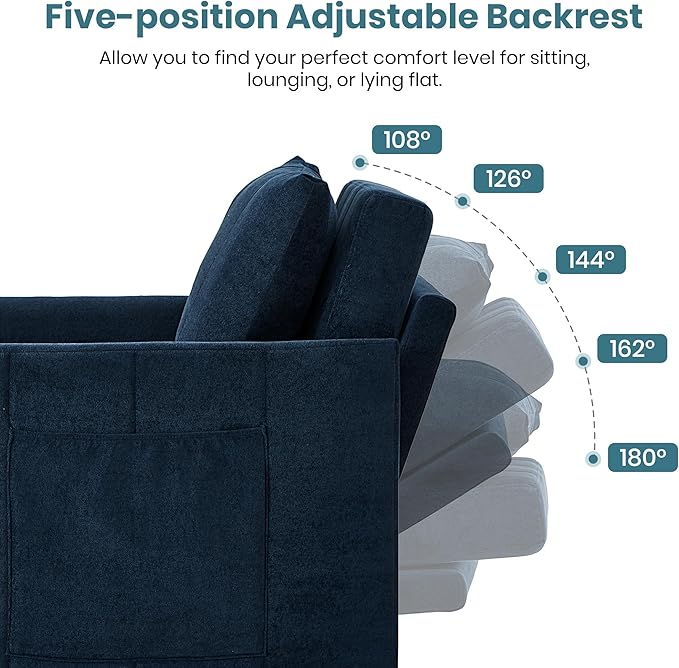 Ball &amp Cast Convertible Pull-Out Sleeper Sofa BedChenille Upholstered Pull Out Couch Chair3 in 1 Single Sofa Chair W/Storage Basket and Side PocketRecliner Chaise Lounge for Living RoomBlue31