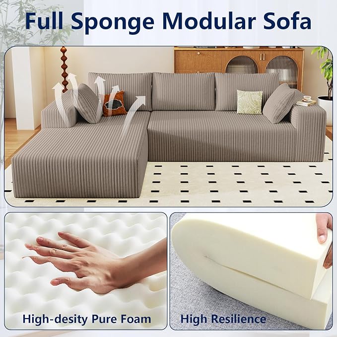 Modular Sectional Sofa Cloud Sectional Couch 96 Comfy Fluffy L-Shaped Couches for Living Room Deep Seat Memory Foam Plush Corduroy Boneless Couch Sectionals No Assembly (CamelLeft-Facing Chaise)