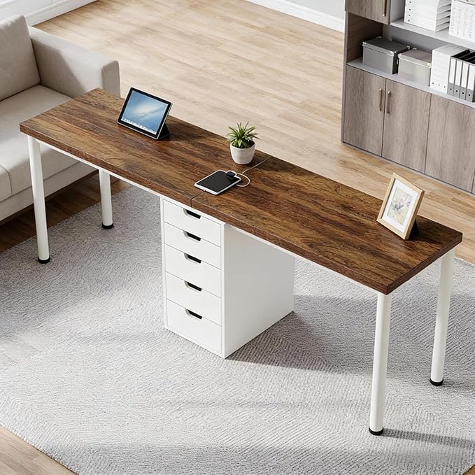79 2 Person Desk with Drawers Double Computer Desk with Storage Cabinet Large Writing Home Office Desks Wood Two Person Desk with Metal Legs for Study Gaming