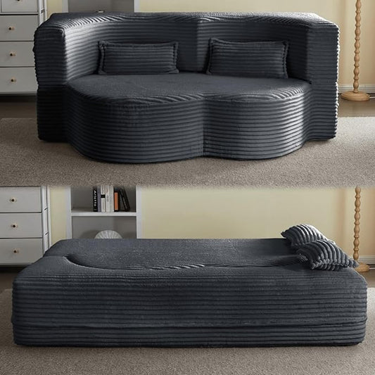 2 in 1 Folding Floor Couch Sofa Bed with 2 Pillows Convertible Sleeper Sofa Modern Full Mattress for Living Room Guestroom Plush Corduroy Floor Sofa BedNo Assembly RequiredDark Grey
