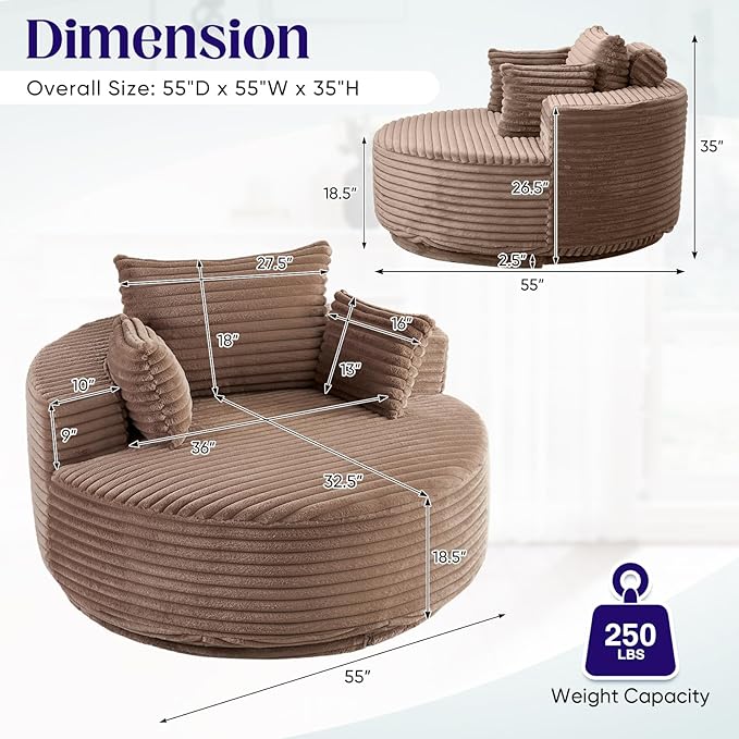 360-Degree Oversized Swivel Chair Modern Round Circle Corduroy Comfy Deep Seat Swivel Accent Chaise Lounge Sofa Chair with Back Cushion &amp 2 Throw Pillows for Living Room Bedroom Office Brown