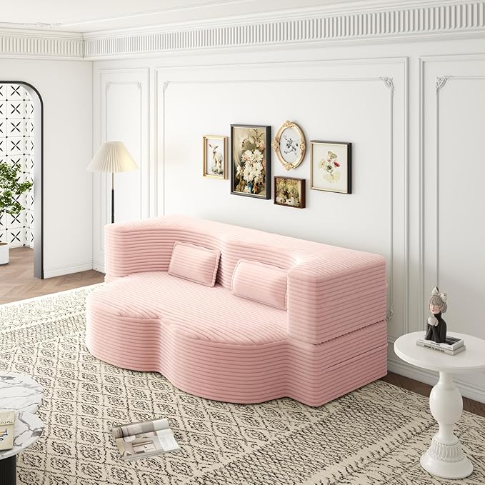 2 in 1 Convertible Folding Sofa Bed Plush Corduroy Lazy Lounge Sofabed Foam Folding Floor Sofa Bed 78 Full Size Memory Foam Couch for Living Room Guestroom No Assembly Sofabed (Baby Pink)