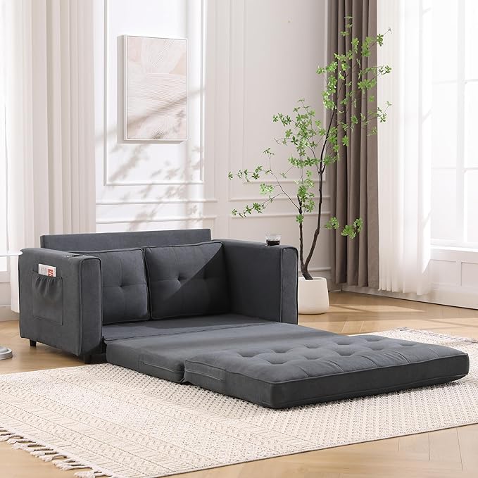 Merax Futon Sofa Bed 3 in 1 Convertible Loveseat Sleeper with Pull Out Bed Foldable Tufted Sofa Bed Couch W/Cup Holder and Side Pockets for Living Room Bedroom Office Dark Gray