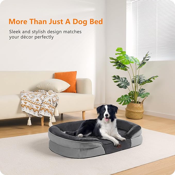 Dwanton Orthopedic Dog Bed for Large Dogs with Gel Memory Foam Waterproof Dog Sofa Washable Pet Bed with Four Sided Bolster Cushion Removable Cover &amp Non-Slip Bottom 38 Dark Gray