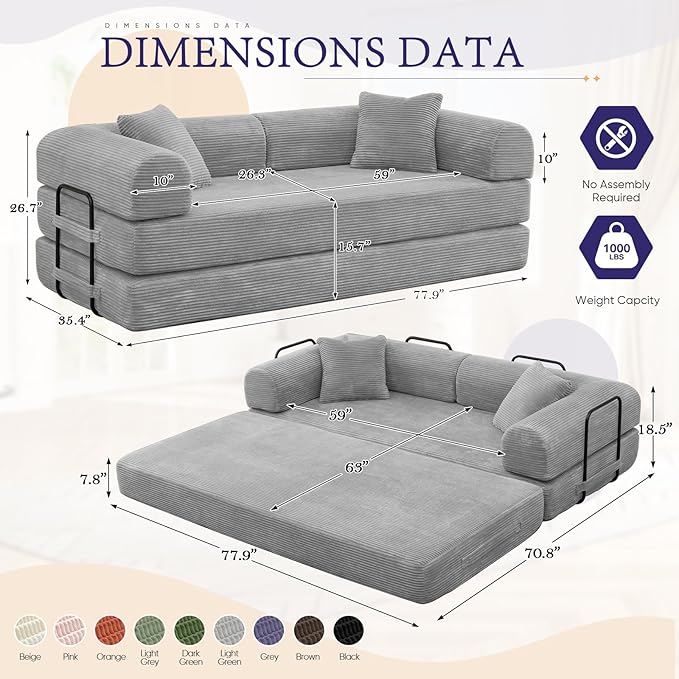 Convertible Folding Sofa Bed Corduroy Sleeper Mattress Couch with Fixed-Shape Frame Free Combination Loveseat Lounge Floor Sofa Queen Size Memory Foam Couch for Living Room Bedroom Light Grey