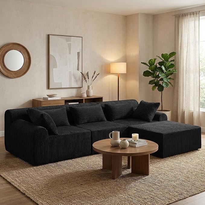 Oversize Boneless Couch for Living Room Comfort L Shaped Cloud Couch Sectional with Deep Seat and Movable OttomanModular Sectional Sofa with 5 PillowsNo Assembly RequiredBlack