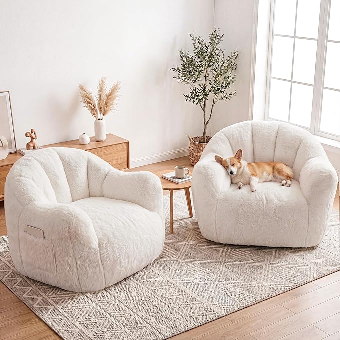 Giant Bean Bag Chair for Adults Shell-Shaped Oversized Bean Bag Couch with Armrests &amp Side Pockets Stuffed Floor Sofa for Reading Playing &amp Relaxing Beige