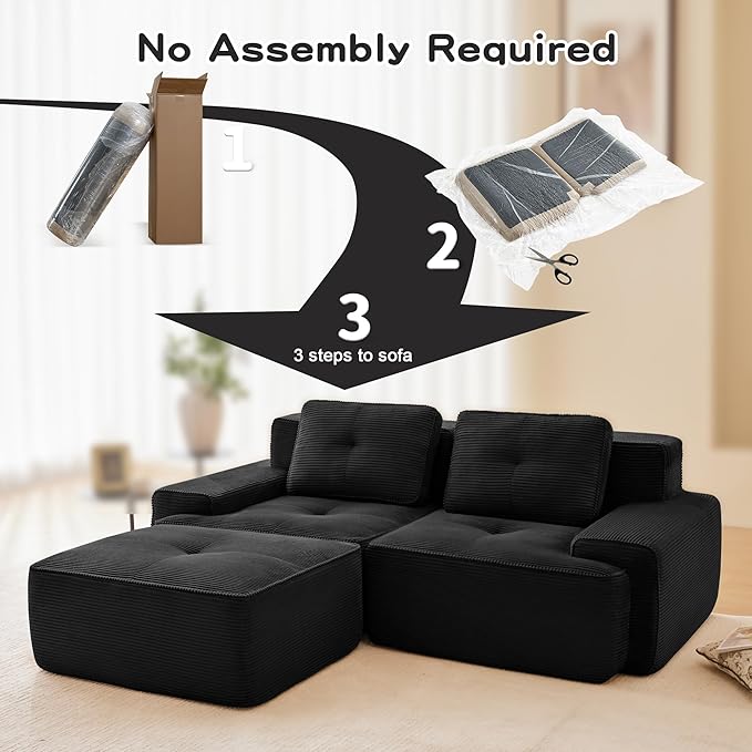 Casaphoria 80 Black Corduroy Cloud Couch Boneless Modular Sectional Sofa for Living Room with Deep 2-Seat &amp 1-Ottoman L Shape Cloud Couch No Assembly Required