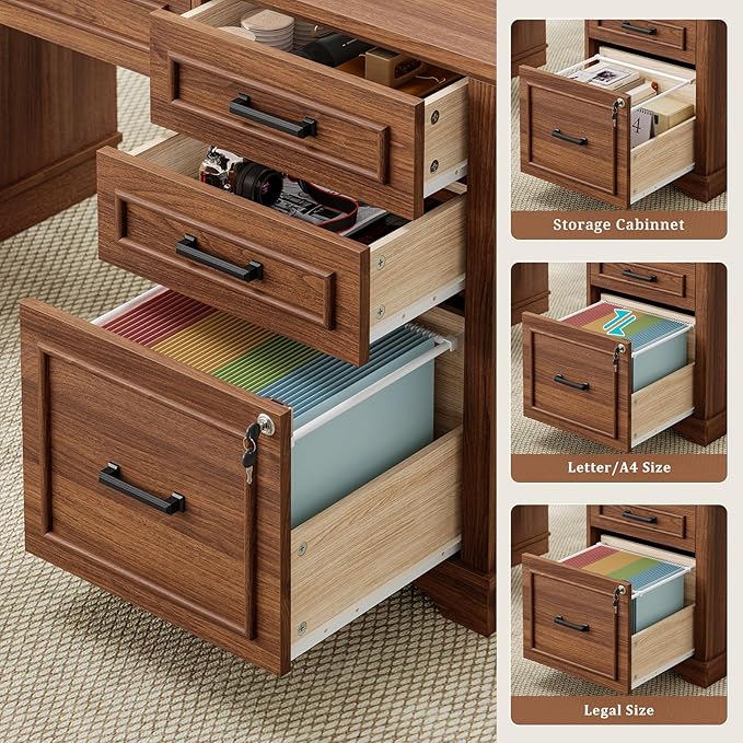 60'' Farmhouse Executive Desk with Drawers Home Office Desk with Power Outlet &amp LED Light Wood Computer Desk with Monitor Stand Locking File Drawer Glass Storage Cabinet Hooks
