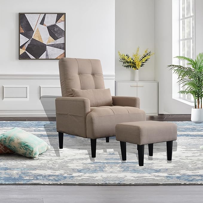 Brown Living Room Sofa Single Chair and Ottoman Modern Multi-Function Fabric Living Room Sofa Lounge Chair Bed and Stool. Soft Leisure Single Chair Adjustable into 5 Angles