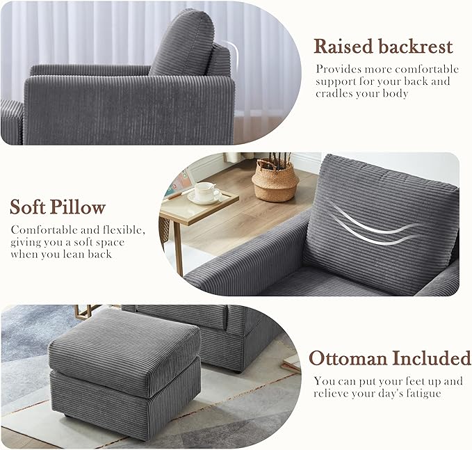 Aoiy &amp Wifon Accent Chair with Ottoman Upholstered Reading Chair with Ottoman Comfy Armchair with Wooden Legs Corduroy Grey