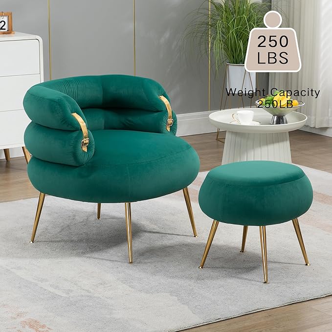 Velvet Accent Chair with Ottoman Set Modern Upholstered Armchair Tufted Chair with Footstool Single Sofa Chair with Metal Legs for Living Room Apartment Bedroom(Green-Chair and Ottoman)