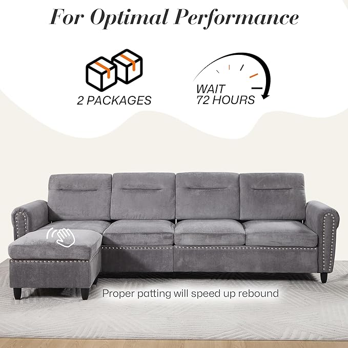 ABET 106 Inch Modular L-Shaped Sectional Couch with Ottoman 4 Deep Seat Convertible Sofa with Ottoman Nailhead Decor Comfy Upholstered Large Cushion for Living Room Bedroom Apartment Grey