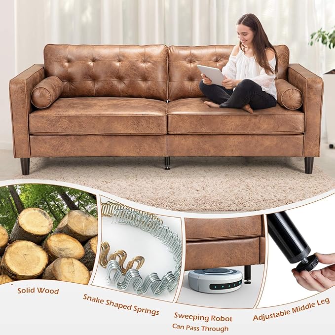 Esright Mid Century Modern Faux Leather Sofa 84.2-Inch 3-Seater Vintage Couch with 2 Bolster Pillows Large Brown Sofa for Living Room Apartment Office