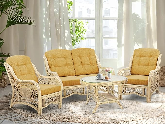 Malibu Lounge Loveseat Natural Color Sofa Natural Rattan Wicker Handmade Design with Light Brown Cushions