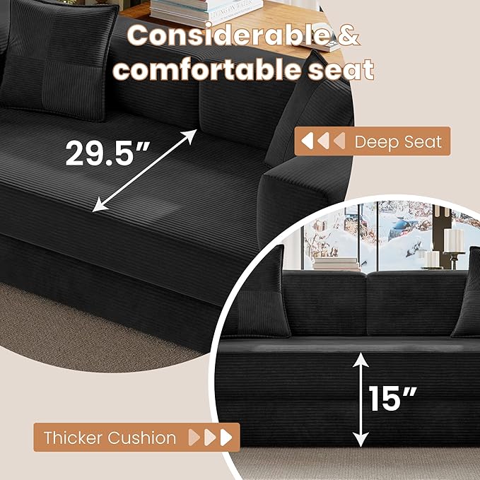 Belhome 78.8 Convertible Sofa Bed Futon Sofa Bed with Side Pocket Corduroy Pull Out Futon Sofa Boneless Couch for Living RoomsNo Assembly Required Midnight