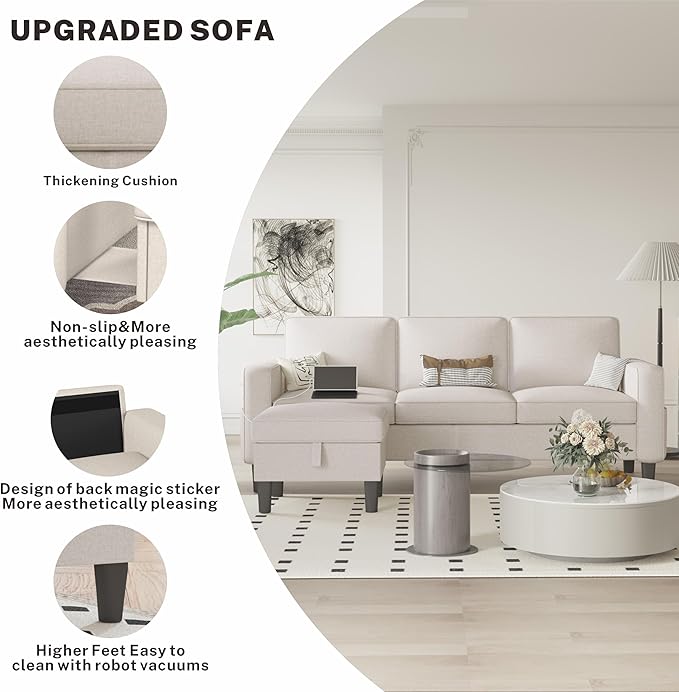 ZeeFu Sectional and Sofa Couches for Living Room - 78'' 3 Seater L-Shaped Modular Couch with Storage Ottoman - Modern Linen Fabric Upholstered Sofa Set for Small Space Apartment Office