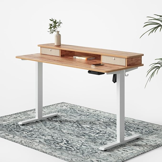 FEZIBO 48 x 24 Inch Whole-Piece Height Adjustable Standing Desk with Double Drawers Sit Stand Desk Stand Up Table (Send Two Packages) Light Rustic Top