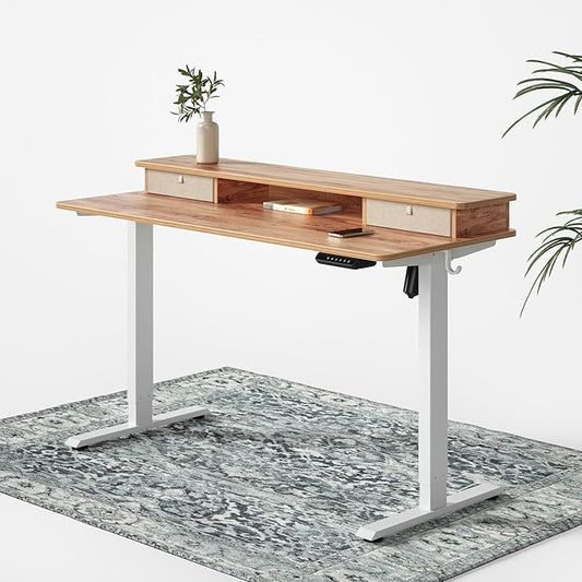 FEZIBO 48 x 24 Inch Whole-Piece Height Adjustable Standing Desk with Double Drawers Sit Stand Desk Stand Up Table (Send Two Packages) Light Rustic Top