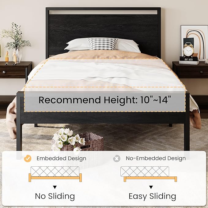 SHA CERLIN 14 Inch Twin Size Metal Platform Bed Frame with Wooden Headboard and Footboard Mattress Foundation No Box Spring Needed Large Under Bed Storage Heavy Duty Slats Support Black Oak
