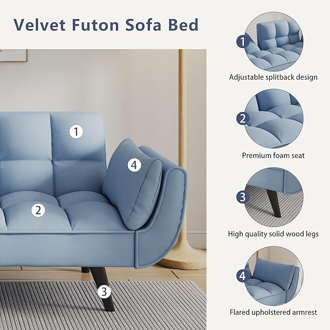 Olela Futon Sofa Bed Convertible Sleeper Couch 74 W Modern Velvet Loveseat with Adjustable Backrests and Solid Wood Legs for Living Room Bedroom Small Space (Light Teal)