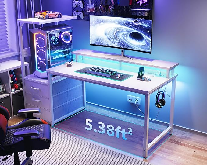 AODK 52 Inch Gaming Desk with USB Charging Ports &amp LED Light- Reversible Computer Desk with Storage Shelves &amp Monitor Stand Modern Gamer Desk Table with Fabric Drawers &amp Side Hook Carbon