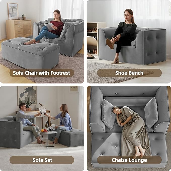 62 Chaise Lounge Chair IndoorDeep Seat Sleeper Sofa Cloud Couch with 3 Soft Pillows and OttomanComfy Cloud Seat for Living Room Apartment Office(Dark Grey Chaise Lounge+Ottoman)