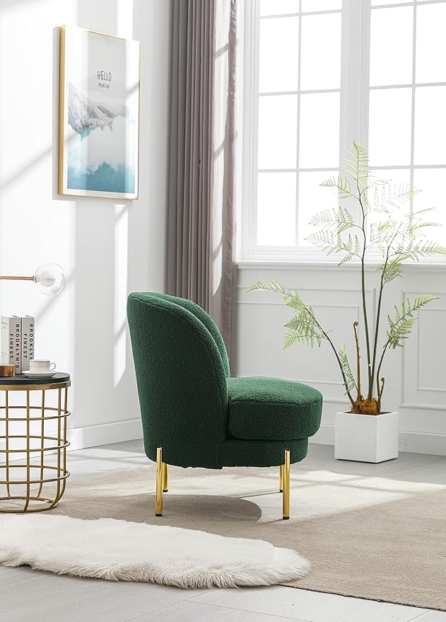 28.4 W Accent Chair Upholstered Curved Backrest Reading Chair Single Sofa Leisure Club Chair with Golden Adjustable Legs for Living Room Bedroom Dorm Room (Green Boucle)