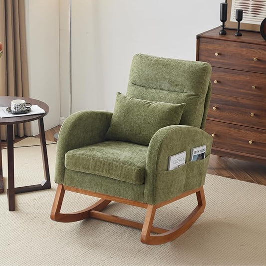 VINGLI Olive Chenille Rocking Chair Nursery with Thick Headrest Upholstered Mid-Century Modern Nursing Rocker Glider with Curved Armrest Sturdy Solid Wood Base for Living Room Bedroom Baby Room