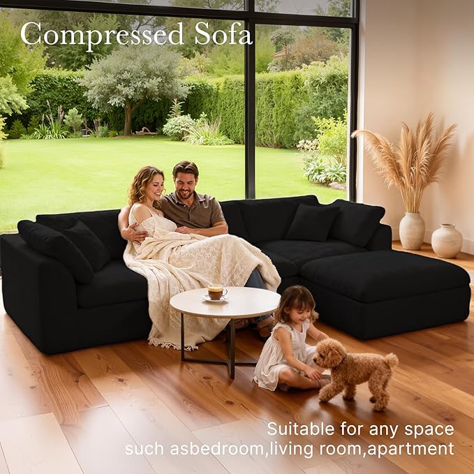Cloud Modular Sectional Sofa Couch110” L Sofa with Wide Armrest Modern High-Density Sponge Compressed Sofa Couch for Living Room BedroomNo Assembly Needed (Black 3 Seats+1 Ottoman)