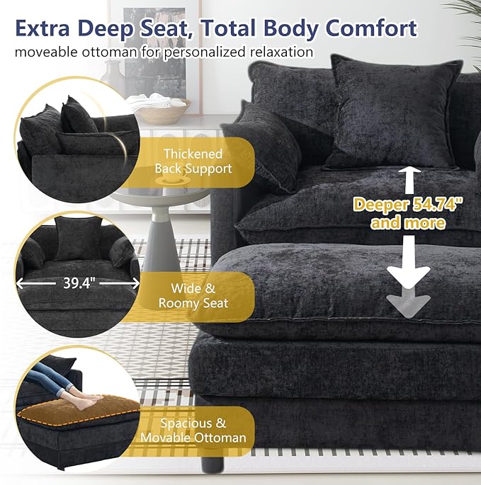 cinkehome Oversized Accent Chair with Ottoman Comfy Upholstered Armchair with Deep Seat Overstuffed Lounge Chair for Living Room Reading Nook (Black Chenille)
