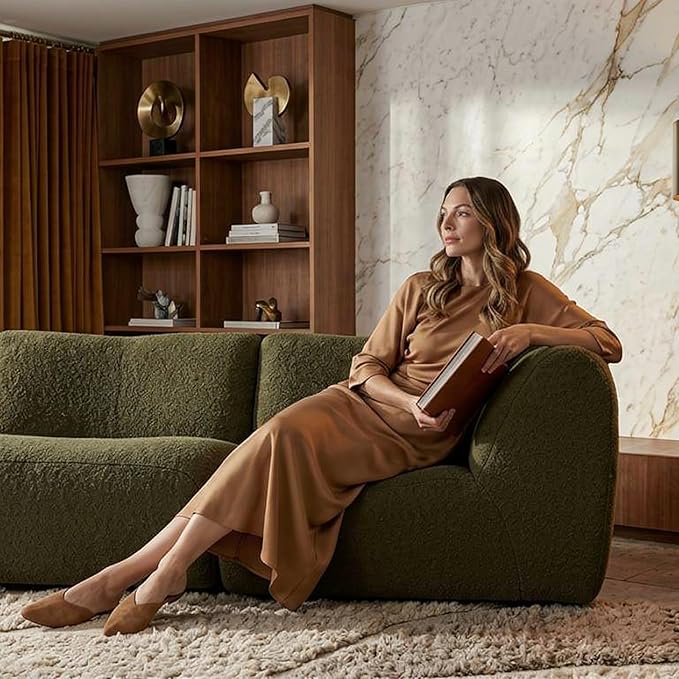 Curved Sectional Modular Couch with Chaise Modern 105.91'' Boneless Sofa with Deep Seat Sherpa Boucle Cloud Couch for Living Room Cozy Teddy L-Shaped Couches No Assembly Green