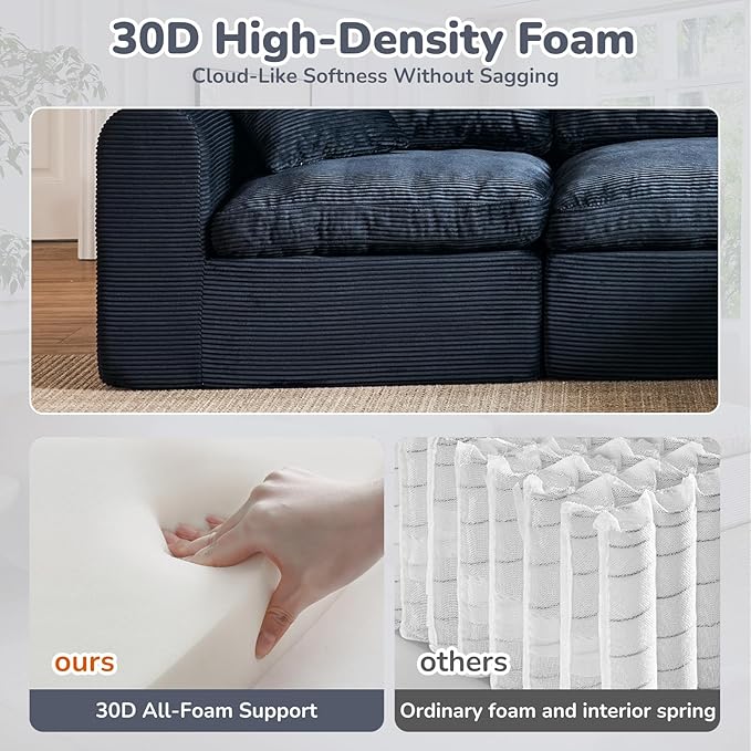 108 Cloud Sectional Couches for Living Room Convertible L-Shape Boneless Couch with Ottoman 3 Seater Modular Cloud Sofa with Deep Seat (Black 3 Seater + 1 Ottoman)