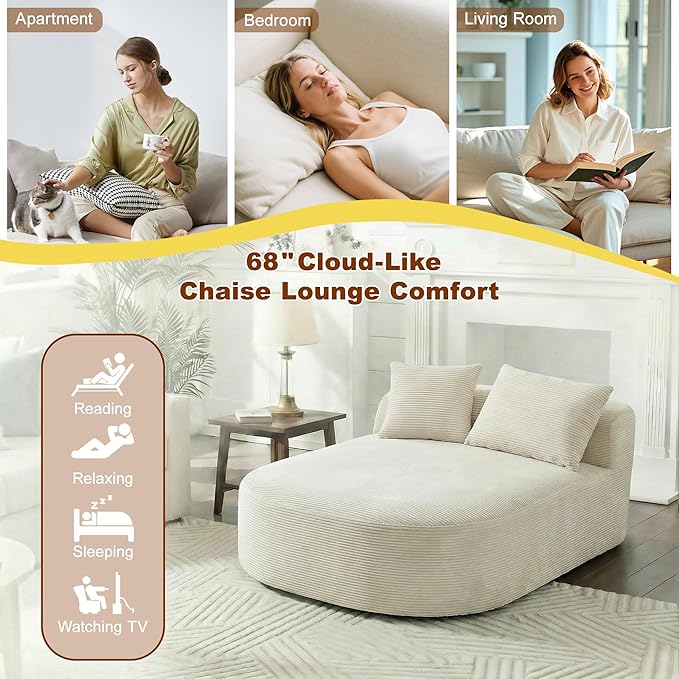 Chaise Lounge Chair Indoor 67.5 Oversized Boneless Couch Could Comfy Upholstered Sleeper Sofa Bed Corduroy Plush Modern Curved Floor Sofas Chair with 2 Pillows for Readng Living Room Bedroom Apartment