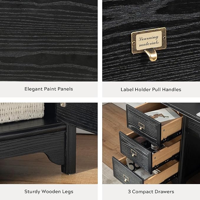 55 Farmhouse Executive Desk Solid Wood Painted Home Office Desk with Charging Station 5 Drawers Storage Cabinet Computer Writing Table for Work Study Writing Black