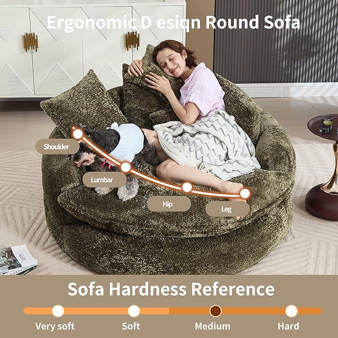 55 inch Oversized Round Chair Fluffy Chenille Boneless Sofa with Extra Deep Seat for Living Room Lounge (Olive Green)