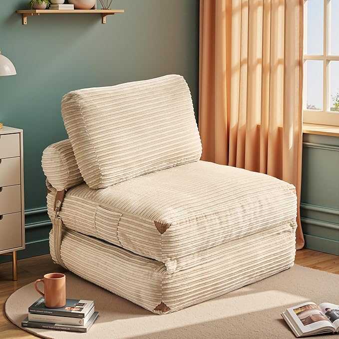 Folding Sofa Bed Convertible Sleeper Chair with Pillow Back Support Foldable Corduroy Futon Floor Couch Comfy Fold Out Chair Bed for Living Room Bedroom Dorm Beige