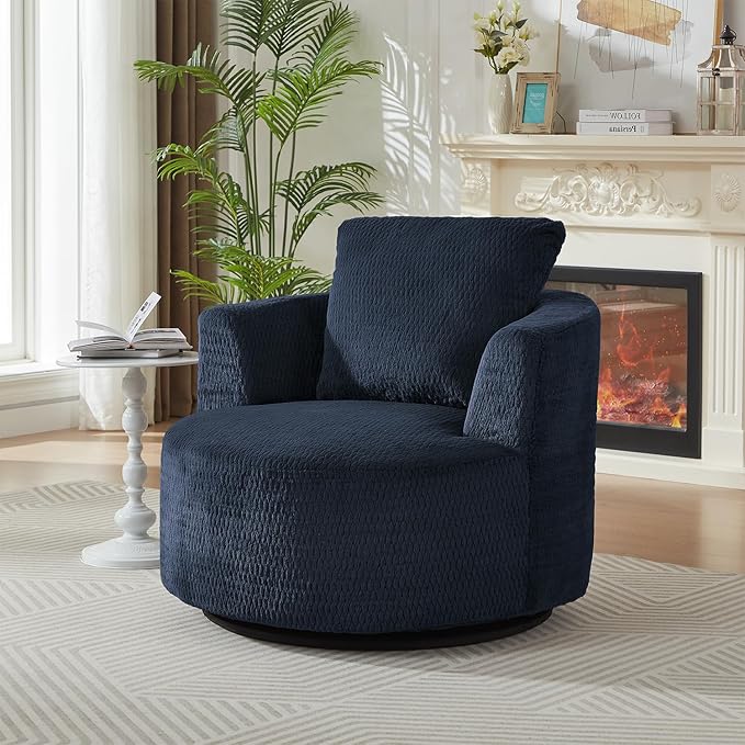 35 W Light Blue Chenille Swivel Accent Barrel Chair Comfy Round Accent Sofa Chair 360 Rotation Degree Club Chair Leisure Arm Chair for Nursery Bedroom Living Room Lounge Hotel Office (Foam)